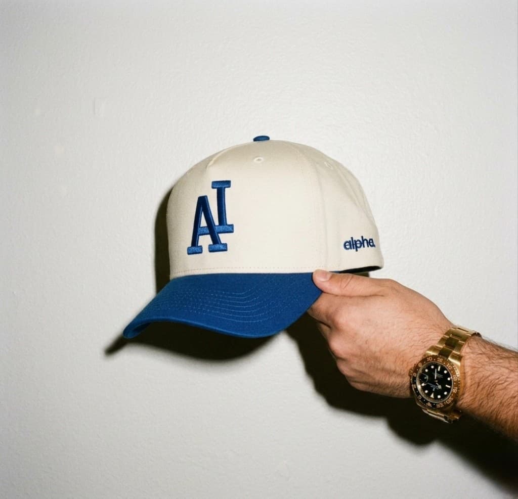 The AI Hat — cream and blue structured cap with embroidered AI logo